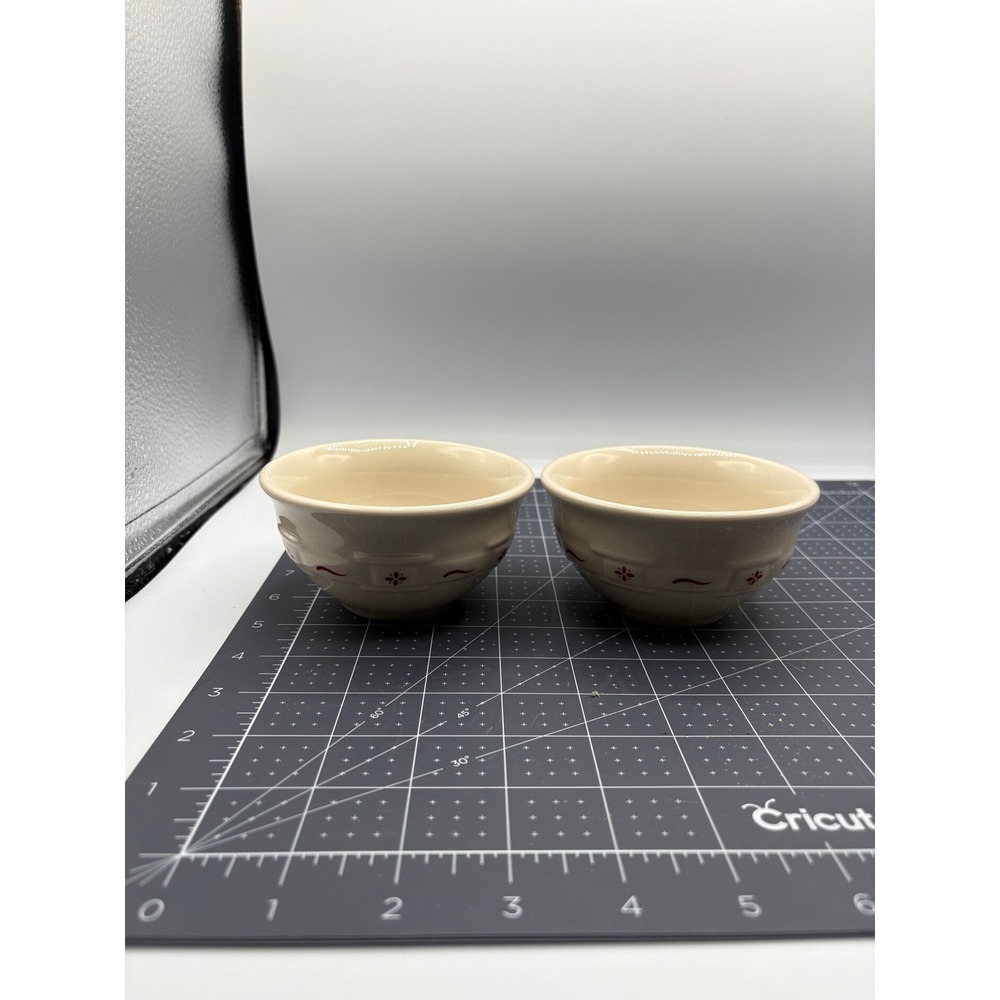 Longaberger Pottery Woven Traditions Ivory Heritage Red Condiment Bowls Set of 2